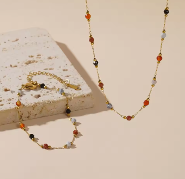 NEW Women 316L Stainless Steel Natural Colored Beads Necklace Bracelet Bohemian Trend Non-fading Colorful Jewelry Set Gift