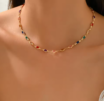 Dainty Rainbow Choker Necklace Colorful Oval Stone Gold Tone Boho Summer Daily Delicate Jewelry for Women