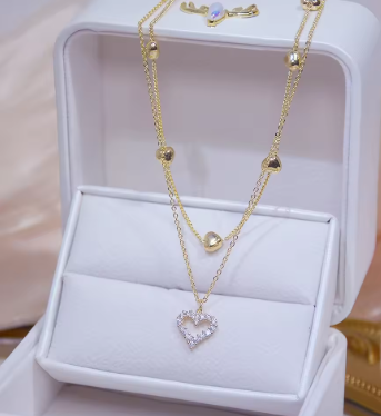 14k Plated Gold Double Layer Heart Necklace Shining Bling AAA Zircon Women Clavicle Chain Elegant Charm Wedding Pendant Jewelry