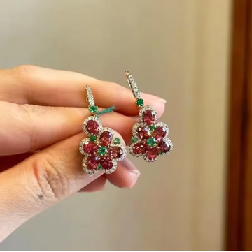Sweet Dazzling Pastoral Style Showy Red Gem Flower Earrings for Women rings Small Exquisite Earings Wedding jewellery set