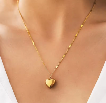 Gold Plated Stainless Steel Puffy Heart Pendant Necklace Dainty Romantic Jewelry Gift for Women Birthday Anniversary Valentine's