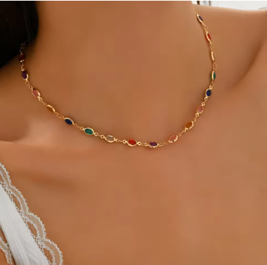 Dainty Rainbow Choker Necklace Colorful Oval Stone Gold Tone Boho Summer Daily Delicate Jewelry for Women