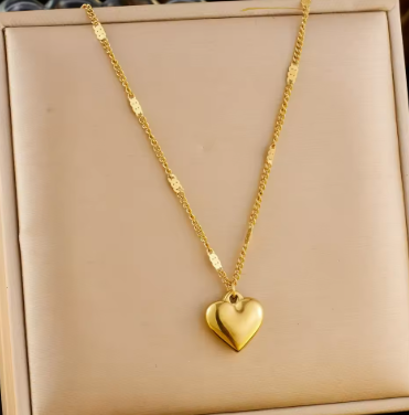 Gold Plated Stainless Steel Puffy Heart Pendant Necklace Dainty Romantic Jewelry Gift for Women Birthday Anniversary Valentine's