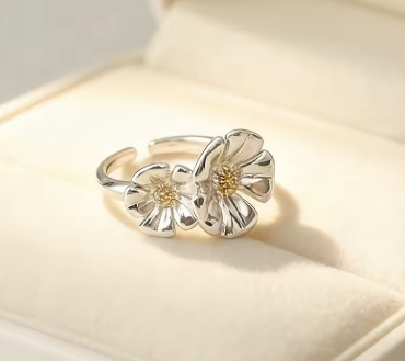 Sterling Silver Flower Couple Woman Adjustable Rings Chrome Designer Fine Jewelry Elegant Accessories Jewellery