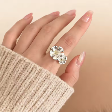 Sterling Silver Flower Couple Woman Adjustable Rings Chrome Designer Fine Jewelry Elegant Accessories Jewellery