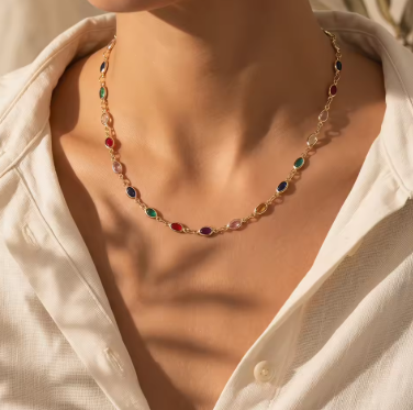 Dainty Rainbow Choker Necklace Colorful Oval Stone Gold Tone Boho Summer Daily Delicate Jewelry for Women