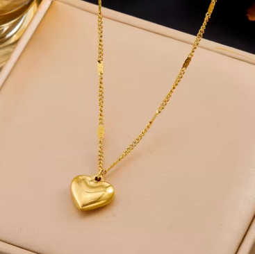 Gold Plated Stainless Steel Puffy Heart Pendant Necklace Dainty Romantic Jewelry Gift for Women Birthday Anniversary Valentine's