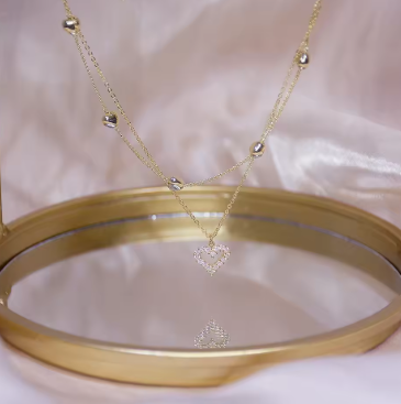 14k Plated Gold Double Layer Heart Necklace Shining Bling AAA Zircon Women Clavicle Chain Elegant Charm Wedding Pendant Jewelry