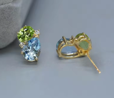 Huitan Natural Blue/Green Cubic Zirconia Stud Earrings for Women Gold Color Tiny Elegant Daily Minialist Party Chic Jewelry Gift