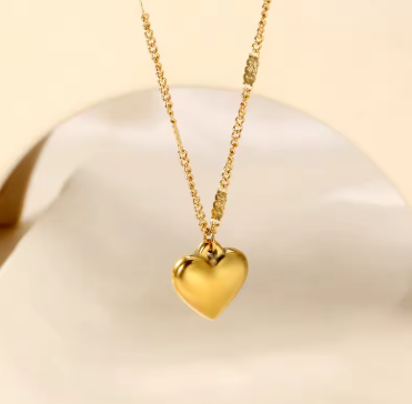 Gold Plated Stainless Steel Puffy Heart Pendant Necklace Dainty Romantic Jewelry Gift for Women Birthday Anniversary Valentine's