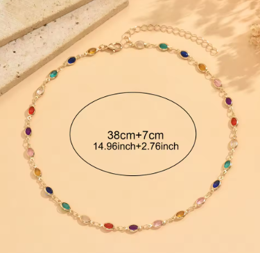 Dainty Rainbow Choker Necklace Colorful Oval Stone Gold Tone Boho Summer Daily Delicate Jewelry for Women