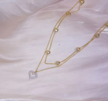 14k Plated Gold Double Layer Heart Necklace Shining Bling AAA Zircon Women Clavicle Chain Elegant Charm Wedding Pendant Jewelry