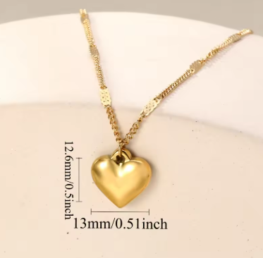 Gold Plated Stainless Steel Puffy Heart Pendant Necklace Dainty Romantic Jewelry Gift for Women Birthday Anniversary Valentine's