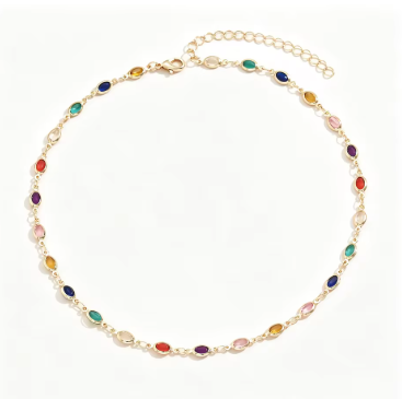 Dainty Rainbow Choker Necklace Colorful Oval Stone Gold Tone Boho Summer Daily Delicate Jewelry for Women