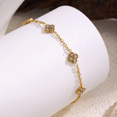 Luxury Gold Color Flower Zircon Bracelet - Stainless Steel Jewelry for Women, Hypoallergenic Gift & Bangles Accessories