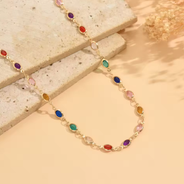 Dainty Rainbow Choker Necklace Colorful Oval Stone Gold Tone Boho Summer Daily Delicate Jewelry for Women