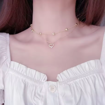 14k Plated Gold Double Layer Heart Necklace Shining Bling AAA Zircon Women Clavicle Chain Elegant Charm Wedding Pendant Jewelry