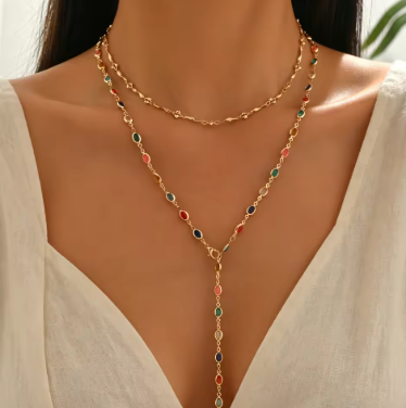 Dainty Rainbow Choker Necklace Colorful Oval Stone Gold Tone Boho Summer Daily Delicate Jewelry for Women