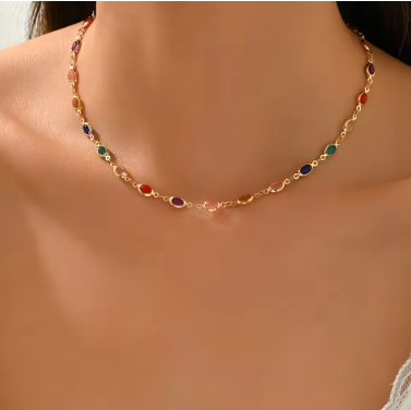 Dainty Rainbow Choker Necklace Colorful Oval Stone Gold Tone Boho Summer Daily Delicate Jewelry for Women