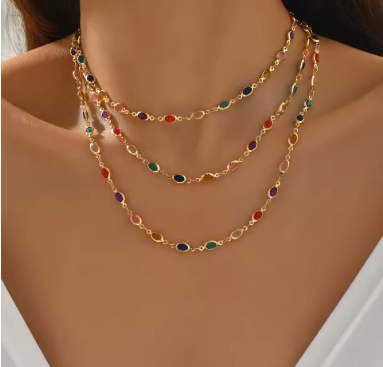 Dainty Rainbow Choker Necklace Colorful Oval Stone Gold Tone Boho Summer Daily Delicate Jewelry for Women